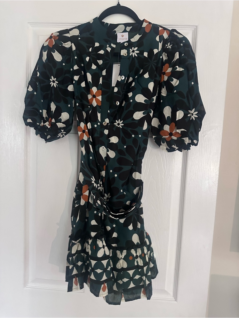 Floral Puff-Sleeve Midi Dress in Dark Teal and Ivory